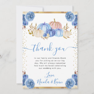 Blue and Gold Floral Pumpkins Fall Wedding Thank You Card