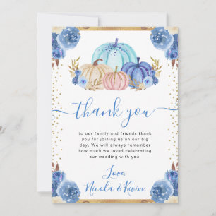 Blue and Gold Floral Pumpkins Fall Wedding Thank You Card