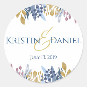 Blue and Gold Floral Round Sticker