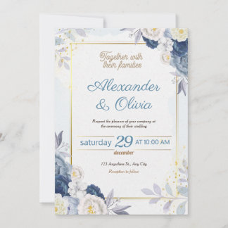 Blue and Gold Floral Wedding Invitation