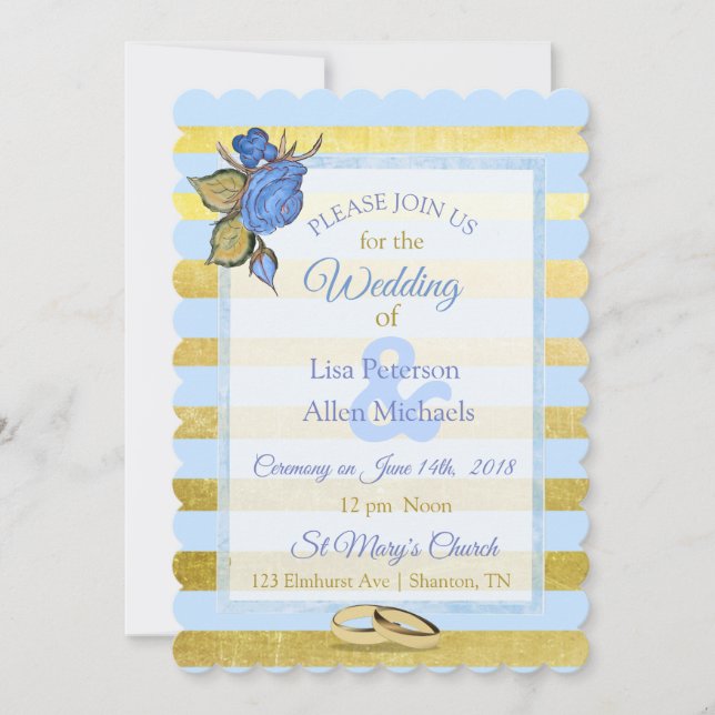 Blue and Gold Floral Wedding Invitation (Front)