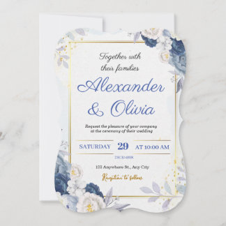 Blue and Gold Floral Wedding Invitation