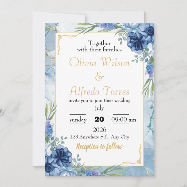 Blue and Gold Floral Wedding Invitation (Front)