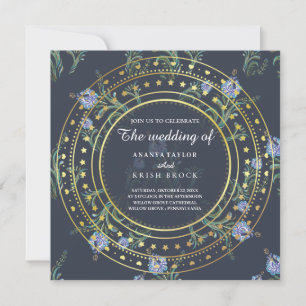 Blue and Gold Floral, Wedding Invitation