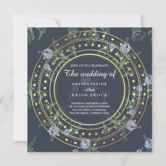 Blue and Gold Floral, Wedding Invitation