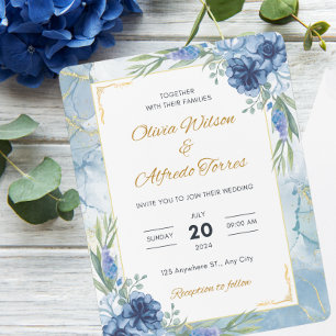 Blue and Gold Floral Wedding Invitation