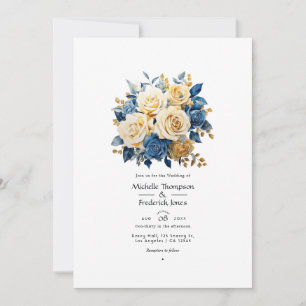 Blue and Gold Floral Wedding Invitation