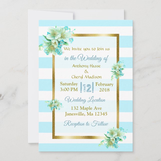 Blue and Gold Floral Wedding Invitations (Front)