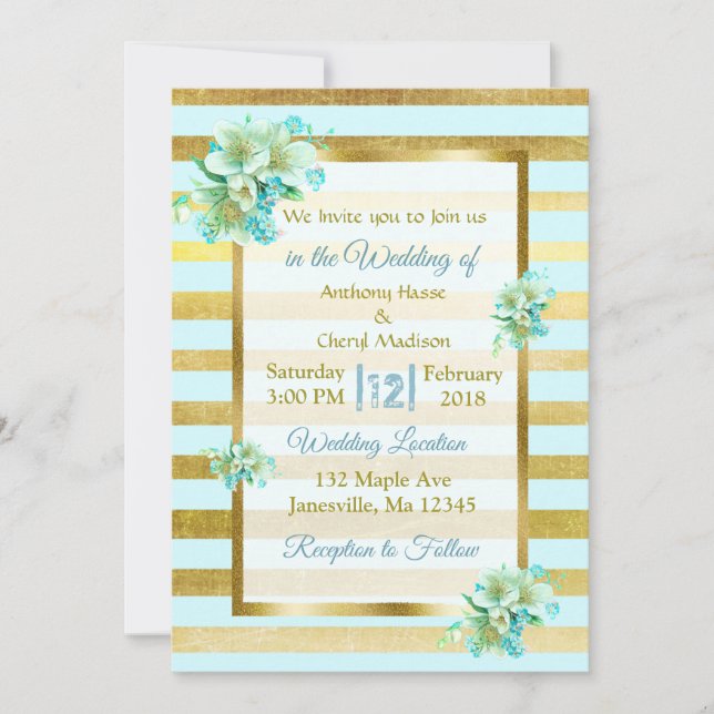 Blue and Gold Floral Wedding Invitations (Front)