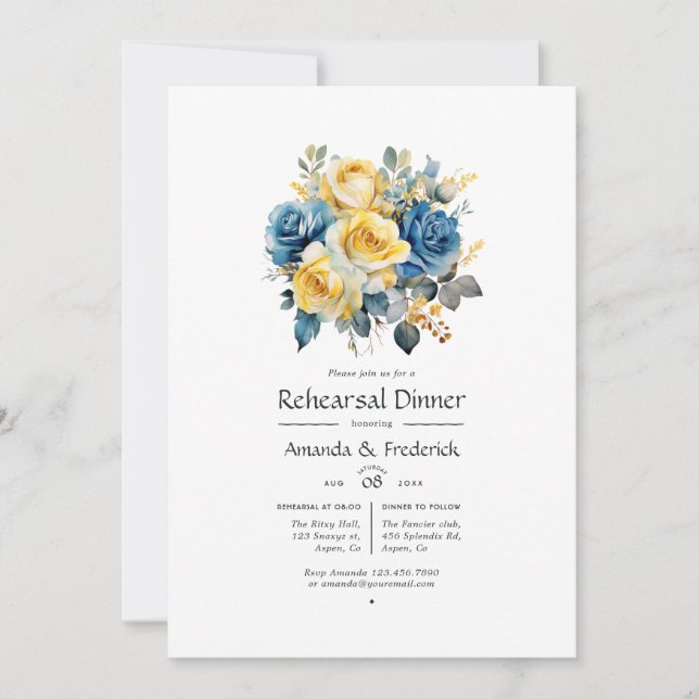 Blue and Gold Floral Wedding Rehearsal Dinner Invitation (Front)