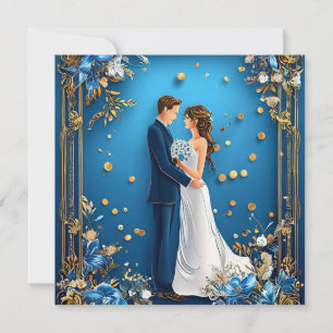 Blue and Gold Floral Wedding Romantic Elegant  Invitation
