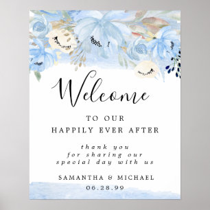 Blue and Gold Floral Wedding Welcome Sign