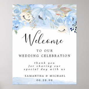 Blue and Gold Floral Welcome to Our Wedding Sign
