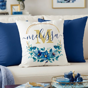 Blue and gold floral wreath personalised cushion