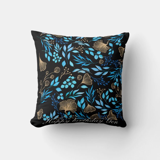 Blue and Gold Flower pattern Add Your Name Cushion (Front)