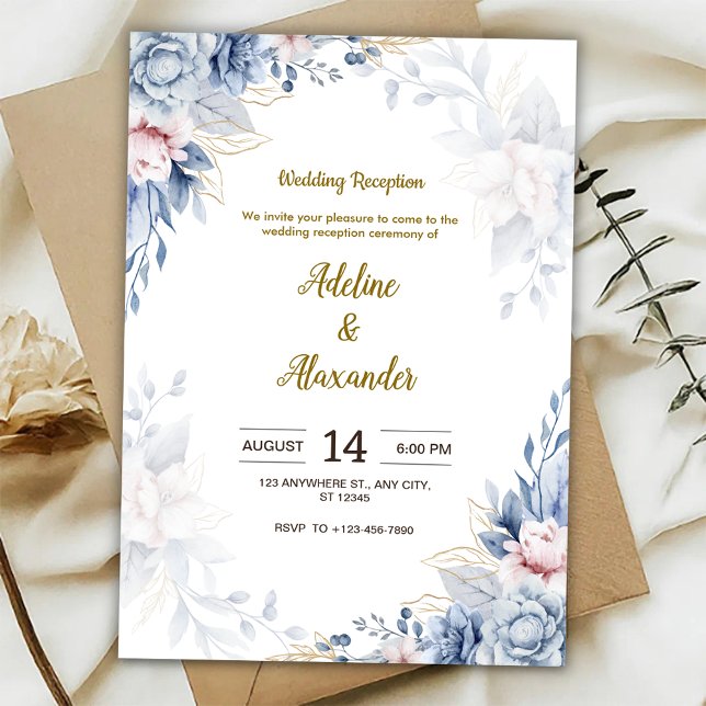 Blue and gold flower wedding Reception  Invitation (Creator Uploaded)