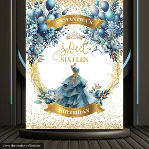 Blue and Gold Flowers Sweet Sixteen Party Wall Tapestry