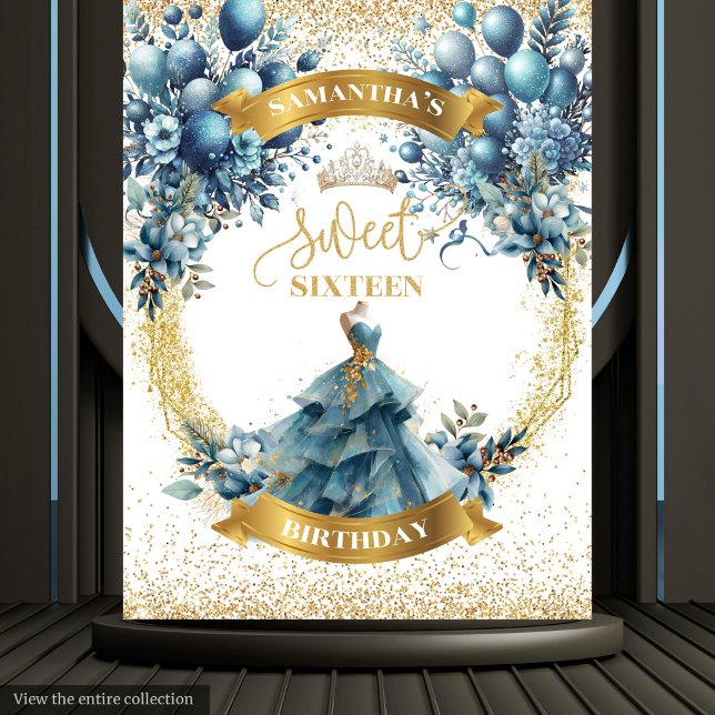 Blue and Gold Flowers Sweet Sixteen Party Wall  Tapestry (Blue and Gold Flowers Sweet Sixteen Party Wall Tapestry )