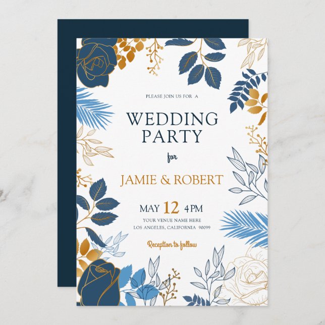 Blue and gold flowers wedding frame invitation (Front/Back)