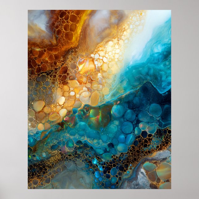 Blue and Gold Fluid Art Abstract Poster (Front)