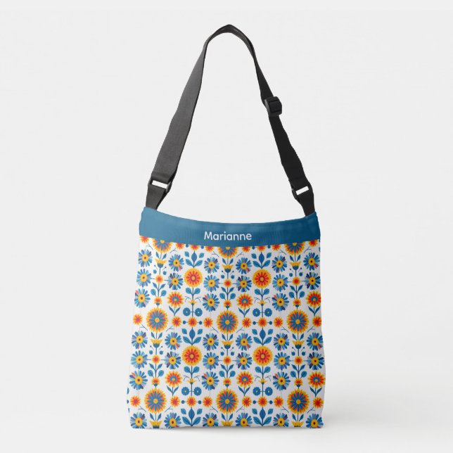 Blue and Gold Folk Art Flowers Crossbody Bag (Front)