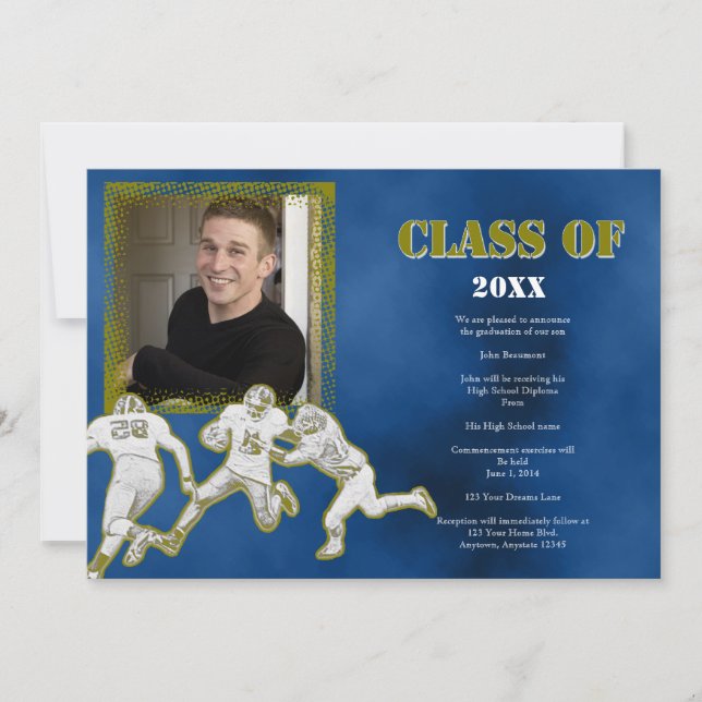 Blue and Gold Football Graduation Announcement (Front)