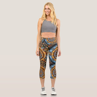 blue and gold fractal swirl capri leggings