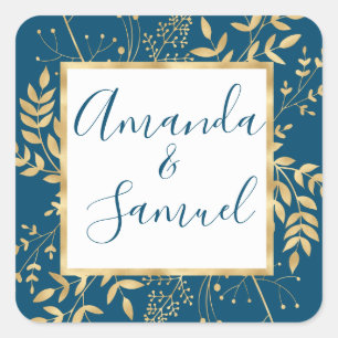 Blue and Gold Frame Modern Square Sticker