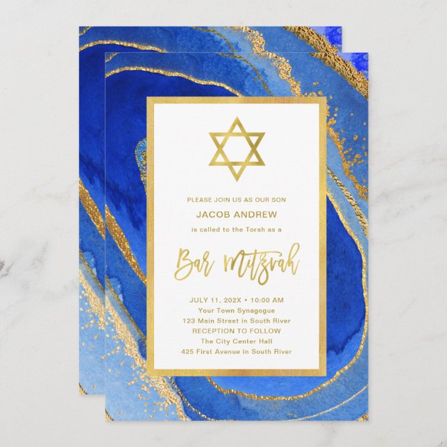 Blue and Gold Geode | Star of David Bar Mitzvah Invitation (Front/Back)