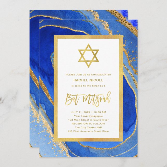 Blue and Gold Geode | Star of David Bat Mitzvah Invitation (Front/Back)