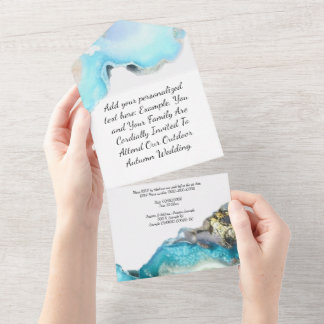 Blue and Gold Geode Wedding invitations with RSVP 