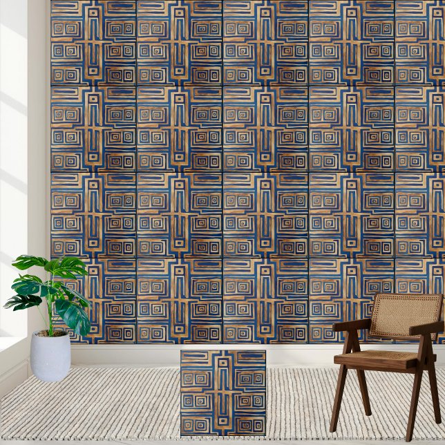 Blue and Gold Geometric Ancient Greek Key Tile (Blue and Gold Geometric Ancient Greek Key Tile)
