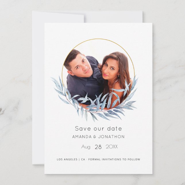 Blue and Gold Geometric Eucalyptus Leaf Wedding Save The Date (Front)