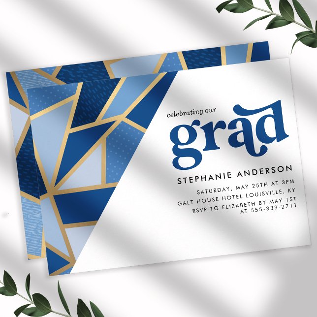 Blue and Gold Geometric Graduation Party Invitation (Creator Uploaded)