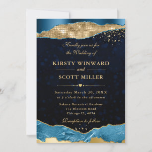 Blue and Gold Glam Tears and Bokeh Wedding Invitation