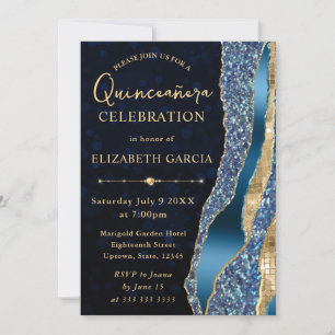 Blue and Gold Glam Tears Bokeh Quinceanera Invitation