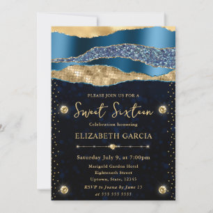Blue and Gold Glam Tears Bokeh Sweet Sixteen Invitation