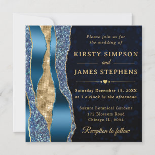 Blue and Gold Glam Tears Bokeh Wedding Invitation