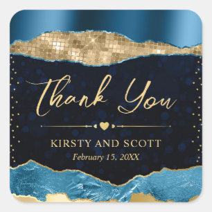 Blue and Gold Glam Tears Bokeh Wedding Square Sticker