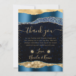 Blue and Gold Glam Tears Bokeh Wedding Thank You Card