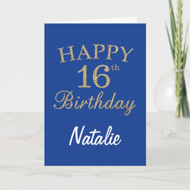 Blue and Gold Glitter 16th Birthday Card (Front)