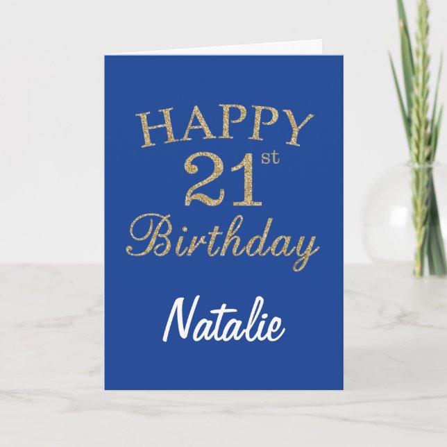 Blue and Gold Glitter 21st Birthday Card (Front)