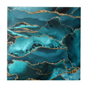 Blue and Gold Glitter Agate Ceramic Tile