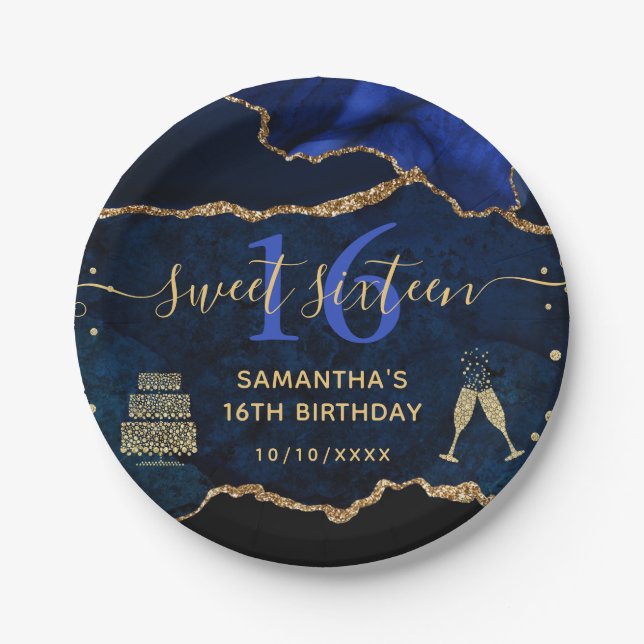 Blue and Gold Glitter Agate Marble Sweet 16 Paper Plate (Front)