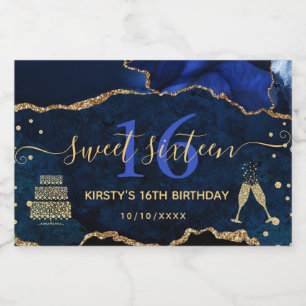 Blue and Gold Glitter Agate Marble Sweet 16 Sparkling Wine Label