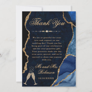 Blue  and Gold Glitter Agate & Marble Wedding Thank You Card