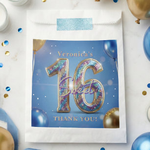 Blue and Gold Glitter Balloons Sweet 16 Thank You Favour Bag