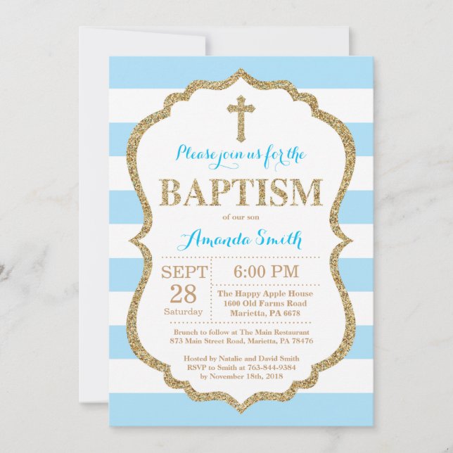 Blue and Gold Glitter Baptism Invitation (Front)