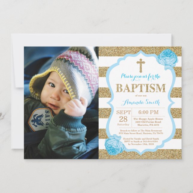Blue and Gold Glitter Baptism Invitation (Front)