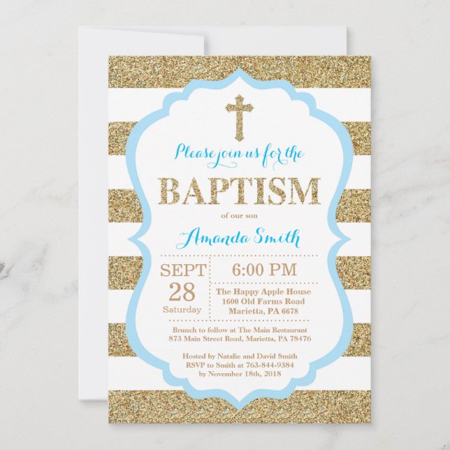 Blue and Gold Glitter Baptism Invitation (Front)